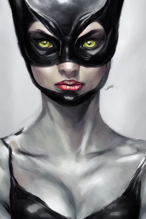 Prompt: portrait of Catwoman by Julia Razumova, Albert Aublet, and Sam Spratt trending on artstation