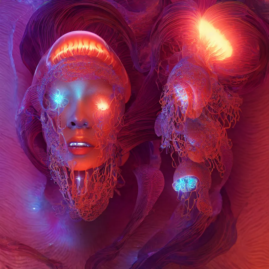 Image similar to goddess close-up portrait. orchid jellyfish phoenix head, nautilus, skull, betta fish, bioluminiscent creatures, intricate artwork by Tooth Wu and wlop and beeple. octane render, trending on artstation, greg rutkowski very coherent symmetrical artwork. cinematic, hyper realism, high detail, octane render, 8k