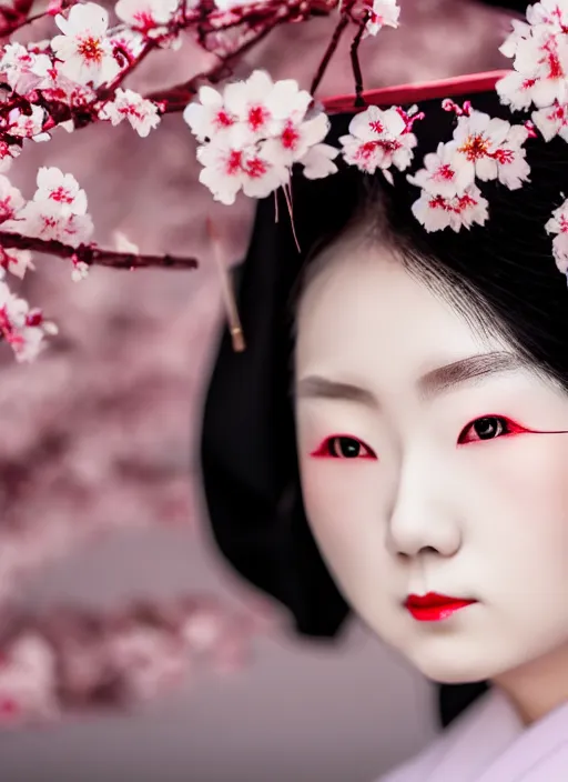 Image similar to Beautiful Japanese geisha close up portrait shot, 1920s geisha, Japanese, young woman, half body photo, upper body, traditional geisha clothing, geisha makeup, geisha hairstyle, hyper realistic, 8k detail, trending, professional photography, cherry blossom background