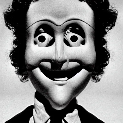 Prompt: high detailed portrait of a ventriloquist dummy in eraserhead staring and smiling, scary, horrifying, creepy