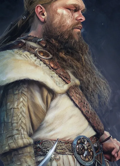 Image similar to ! dream highly detailed painting of a viking cleric warrior by jon foster, high fantasy, trending on artstation