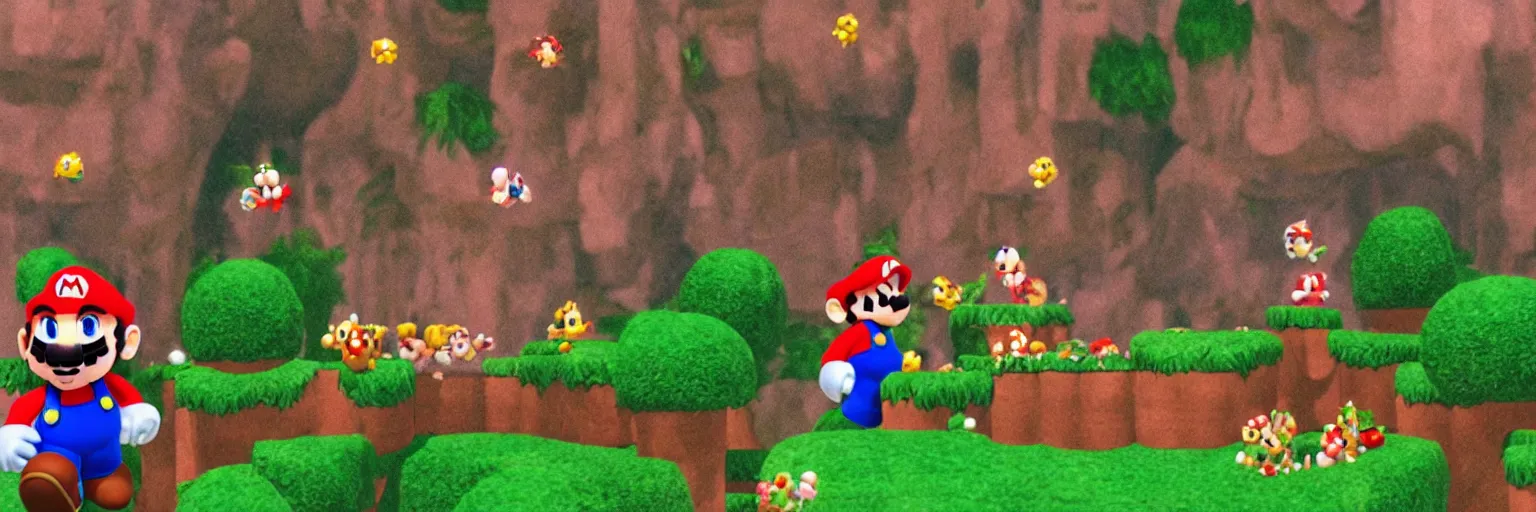 Image similar to stills from a movie about super mario in the garden of eden, film grain