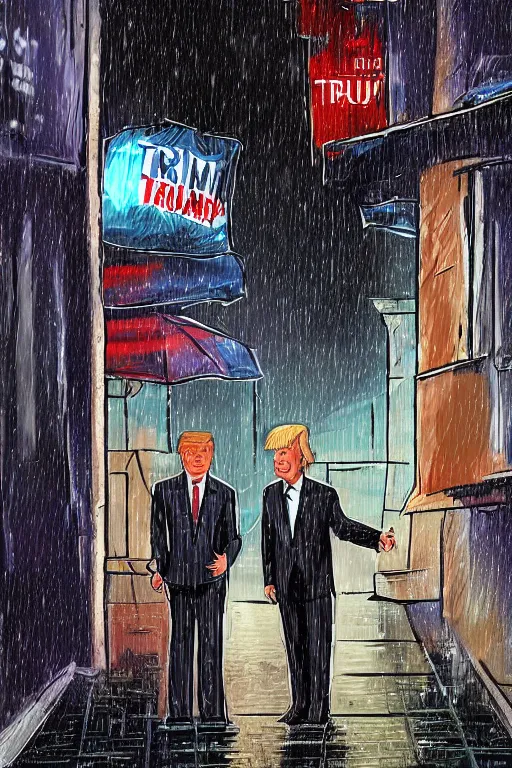 Prompt: digital art of donald trump buying drugs from vladimir putin in a dark raining city alleyway