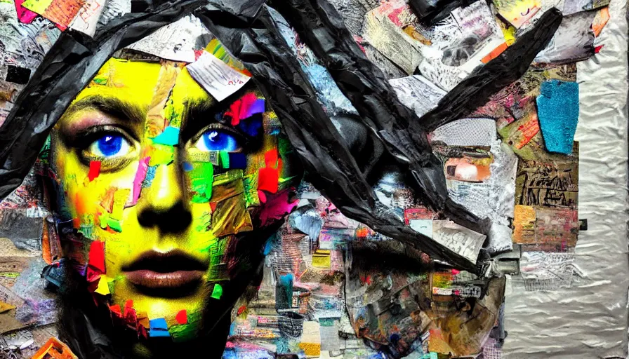 Prompt: rendered in blender trash bag on his head, collage paper and tape, acrylic on canvas, hyperrealism mixed with expressionism, high resolution, cinematic, unreal 6, breathtaking detailed, by blake neubert