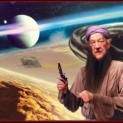 Prompt: painting of ian mckellen as osama bin laden fighting an alien invasion in deep space by creatures from jupiter, arial shot, highly detailed, award painting, 8 k, alien landscape