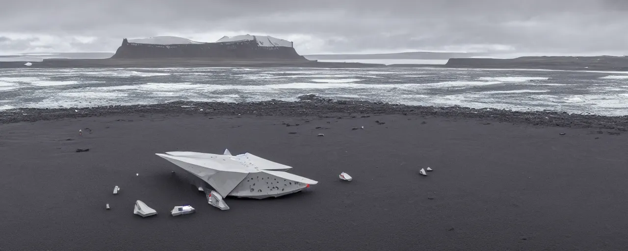 Image similar to cinematic shot of giant futuristic military spacecraft in the middle of an endless black sand beach in iceland with icebergs in the distance,, 2 8 mm