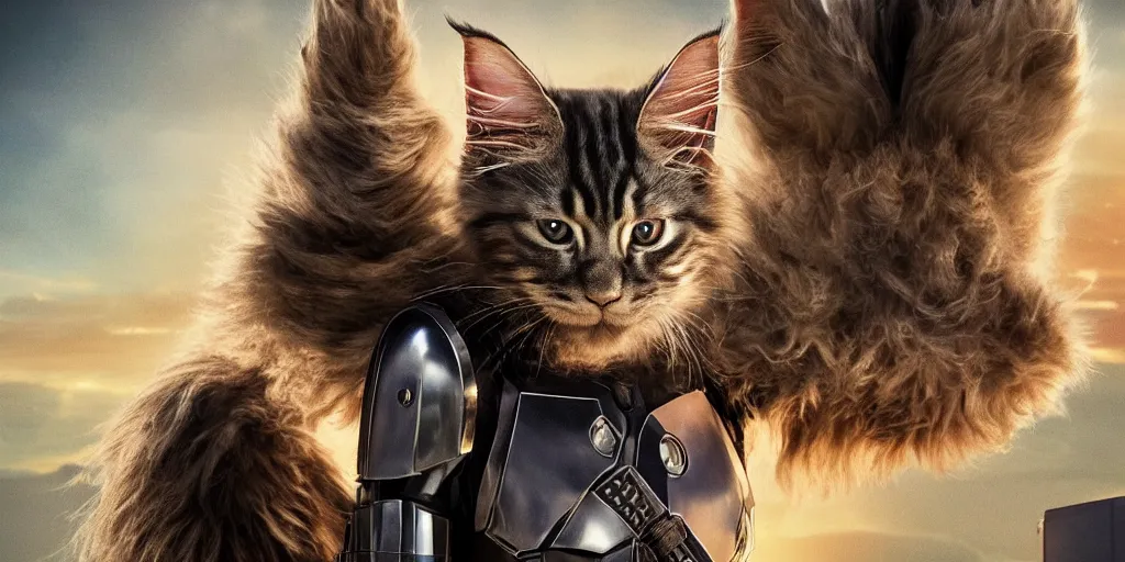 Image similar to a 3 d rendered movie still a robot resembling a maine coon kitten has become a cat scanner. a cat scan. science fiction blockbuster movie from the future, imax 7 0 mm. the mandalorian ( american space western television series )