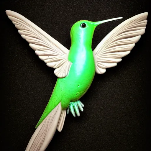 Image similar to intricate hummingbird carved from wet clay, bioluminescent, photograph, studio lighting