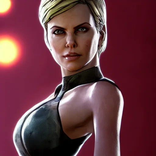 Image similar to charlize theron portrait, borderlands, tales from the borderlands, the wolf among us, comic, cinematic lighting, studio quality, 8 k