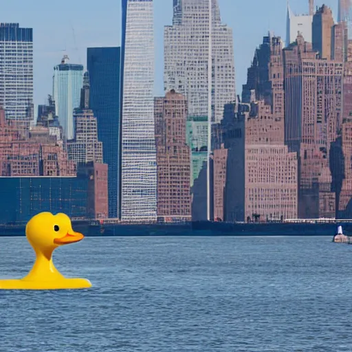 Prompt: a giant rubber ducky floating through new york harbor