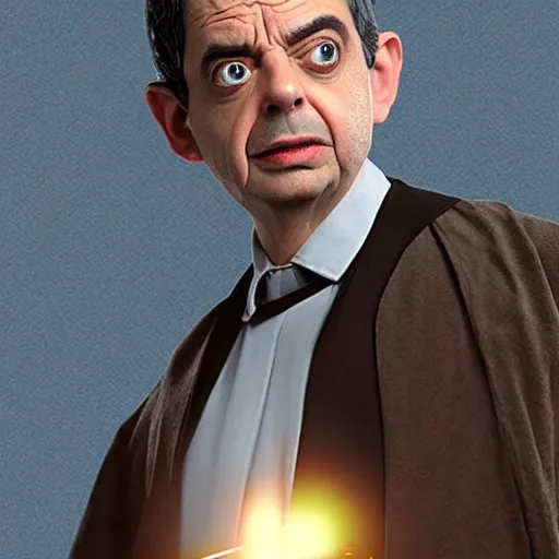 Image similar to mr beans as a jedi master, star wars, photo, realistic detail