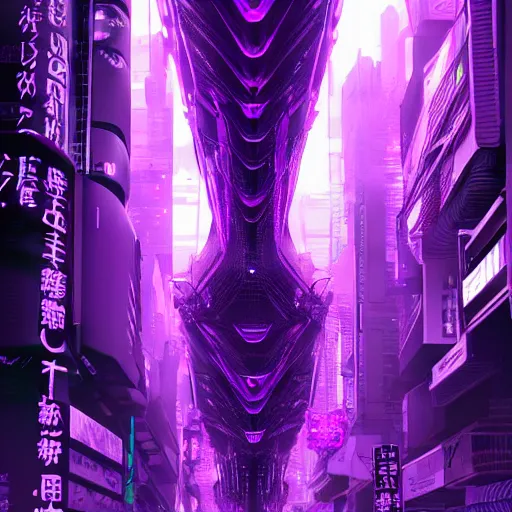 Image similar to Giant Purple Amethyst in cyberpunk neon Tokyo in style of Tsutomu Nihei. Cyberpunk, vertical symmetry, 8K, Highly Detailed, Intricate.