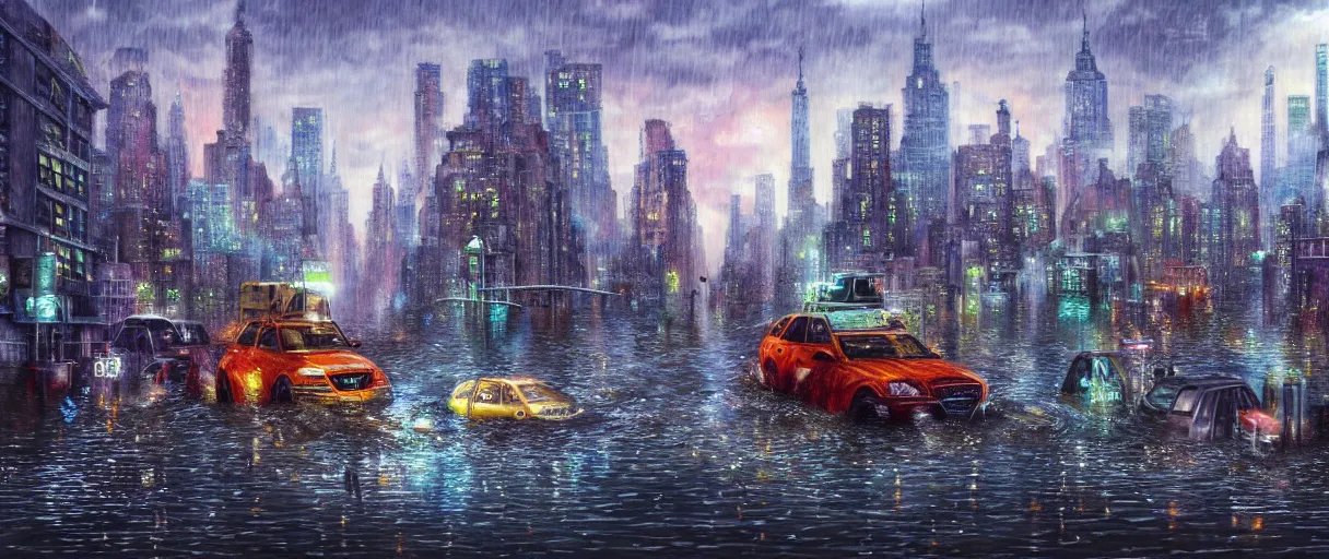 Image similar to new york city with cruising ship sailing at raining night at flooded miniature city, godrays, god helping mystic soul by yoshitaka amano, and artgerm, gediminas pranckevicius