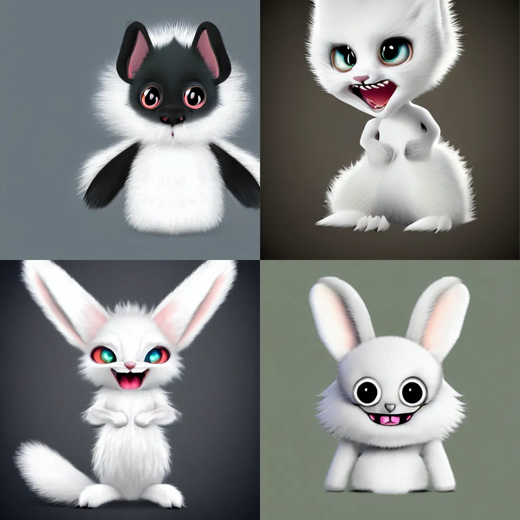 Prompt: innocent-eyed fantasy creature with pure white fur coat, drooping rabbity ears, and cute little fangs. Cartoon character concept.