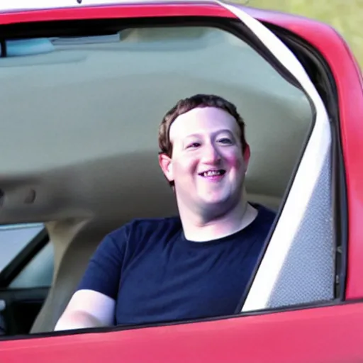 Image similar to fat mark zuckerberg sitting in a car eating tacos