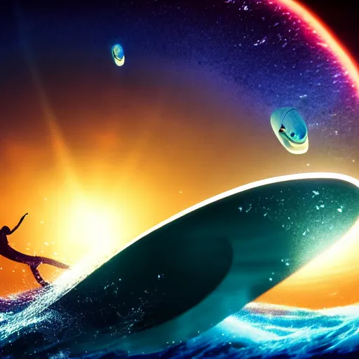 Image similar to photo of a alien surfing a surfboard on a crashing l wave of alien ocean in space, background is an alien galaxy, aliens in the background, alien colors, octane render, unreal engine, wide view, 8 k, high detaild