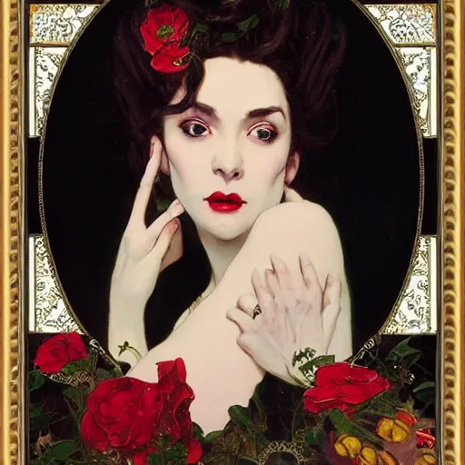 Prompt: portrait of a very beautiful royal vampire, top half of body, crown on head, pensive expression, by Stanley Artgerm Lau, greg rutkowski, thomas kindkade, alphonse mucha, loish, norman rockwell, J. C. Leyendecker. dark black hair, pale skin, detailed eyes, red lips. framed by black flowers. dark, scary, horror. Trending on artstation rule of thirds extremely detailed illustration hd 4k