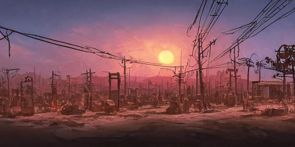 Image similar to train station roadside old west saloon cyber punk post apocalyptic telephone poles cactus graveyard sunset sky clouds illustration by syd mead artstation 4 k 8 k graphic novel concept art matte painting unreal engine ue 5