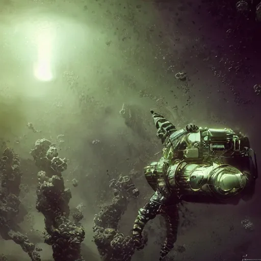 Image similar to concept art by craig mullins astronaut in futuristic dark and empty spaceship underwater. infrared complex and hyperdetailed technical suit. mandelbulb fractal. reflection and dispersion materials. rays and dispersion of light. volumetric light. 5 0 mm, f / 3 2. noise film photo. flash photography. unreal engine 4, octane render. interstellar movie art