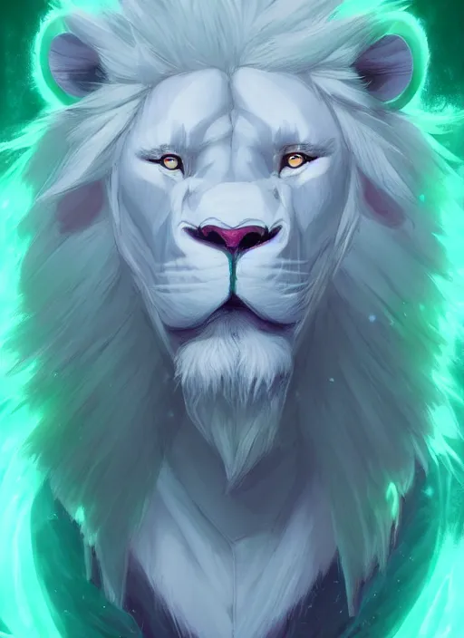 Image similar to !dream aesthetic portrait commission of an albino male furry anthro lion wearing a mint colored thin cloack, pastel Neon lense flares. Atmospheric. Character design by charlie bowater, ross tran, artgerm, and makoto shinkai, detailed, inked, western comic book art, 2021 award winning painting