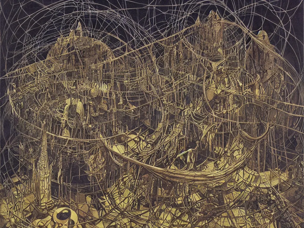 Prompt: Iridescent spider metropolis in the labyrinth infinite cave. Painting by Moebius, Escher, Alfred Kubin, Walton Ford