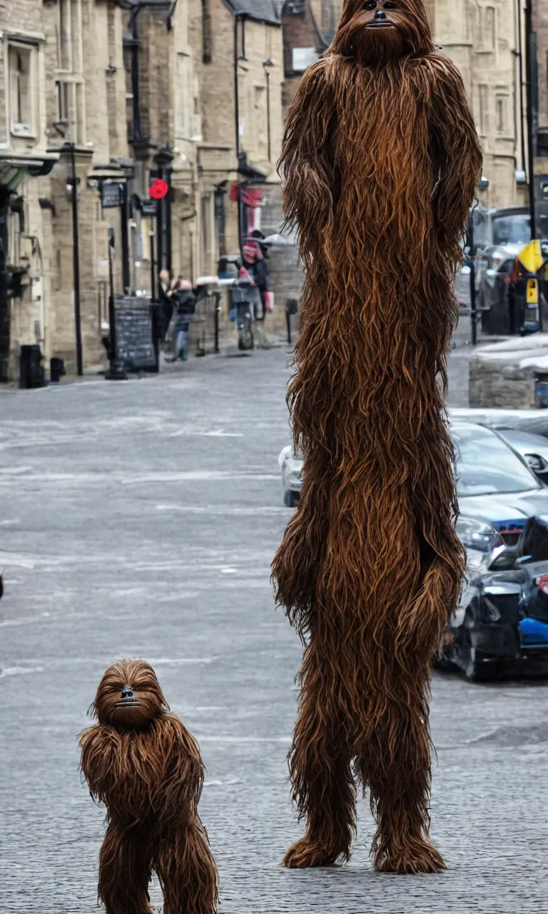 Prompt: photo of a single wookie standing on the streets of rochester, england