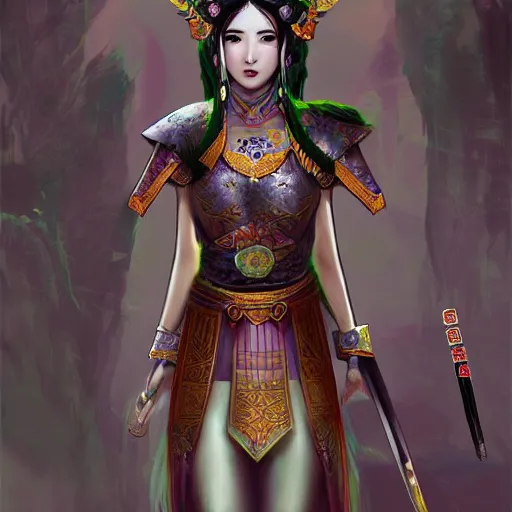Prompt: ancient asian dynasty princess, three kingdom, dynasty warriors, cute face, standing in an oasis in the desert, comics, beautiful, elegant, digital painting, smooth, concept art