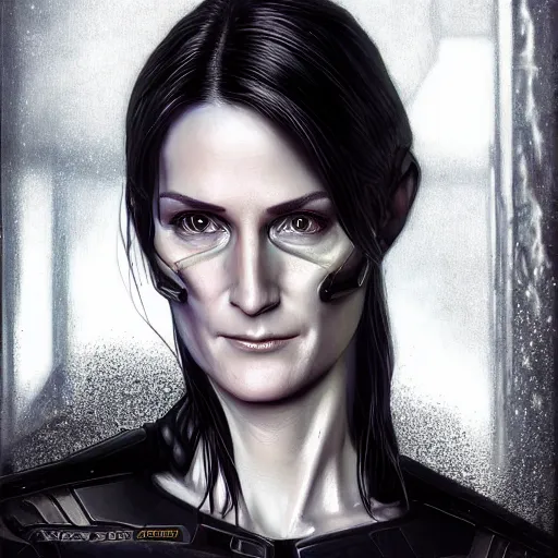 Prompt: head and shoulders portrait of a female knight, trinity, young carrie anne moss, the matrix, cyberpunk, by artgerm, face detail, extremely detailed, photo