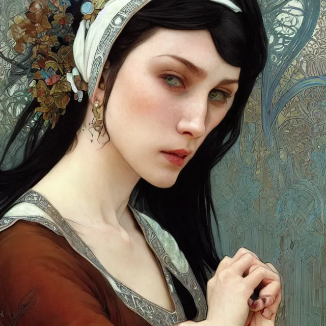 Image similar to Portrait of female cleric with kerchief covering her ears. Blue eyes, black hair, porcelain skin, full lips, high slanted cheekbones. Fantasy art by artgerm and greg rutkowski and alphonse mucha, intricate, elegant, highly detailed, dramatic lighting, digital painting, concept art, illustration, award winning on artstation, D&D, AD&D.