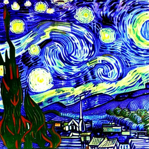 Prompt: Dark starlight sky pine forest volumetric light ufo painted by van gogh