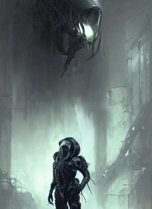 Image similar to alien vs predator, neon, rule of thirds, intricate outfit, spotlight, by greg rutkowski, by jeremy mann, digital painting