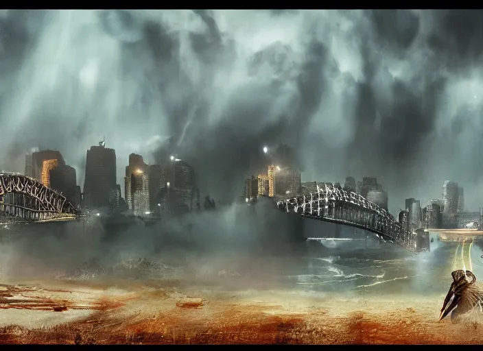 Prompt: australia in the end times, cinematic matte painting