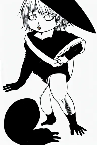 Image similar to attractive little boy in black cat suit with cape, black and white artwork made by boichi,