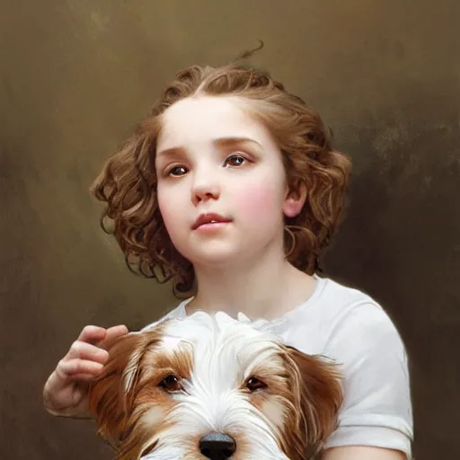 Prompt: a seven year old girl with short wavy curly light brown hair petting the head of a very cute wire haired jack russell terrier puppy, white with brown patches over both eyes. detailed, high quality painting by artgerm and greg rutkowski and alphonse mucha