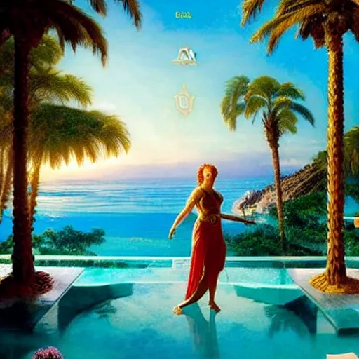 Prompt: The highest palace for goddess Scarlett Johansson ever made, greek pool, beach and palm trees on the background major arcana sky, by paul delaroche, hyperrealistic 4k uhd, award-winning very detailed