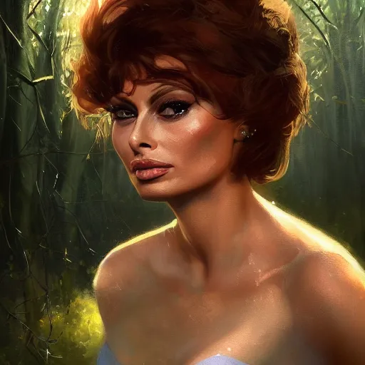 Prompt: closeup portrait of a young sophia loren, elf ears, forest background, megacity, high fantasy, dramatic light, gorgeous view, depth, high detail, digital art, painted by greg rutkowski, trending on artstation