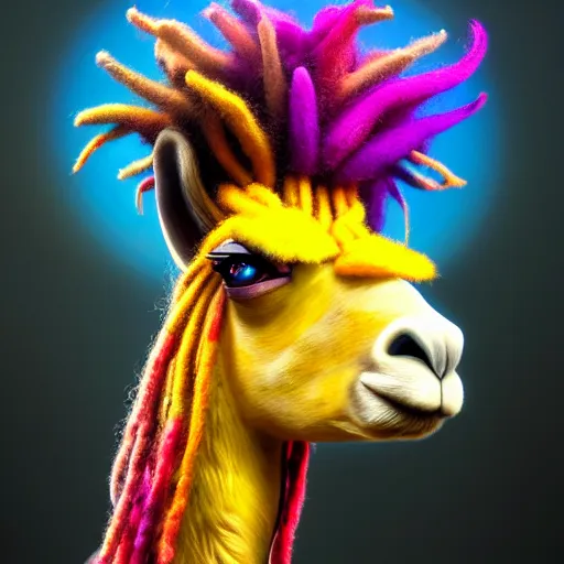 Prompt: llama with dreadlocks, vibrant colors, by jarold Sng, by artgerm, by Eddie Mendoza, by Peter mohrbacher, by tooth wu, unreal engine, octane render, cinematic light, high details, iridescent colors, dichroic, macro