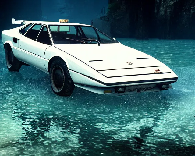 Image similar to white lotus esprit submerged under water, cinematic, photoreal, by red dead redemption 2