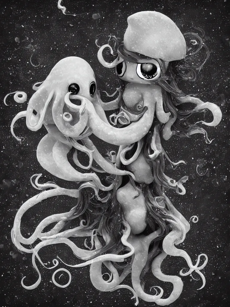 Image similar to cute fumo plush gothic octopus maiden alien girl combing her hair in the waves of the wavering dark galactic abyss, ocean wave thunderstorm and reflective splashing water, black and white, ocean simulation, vignette, vray