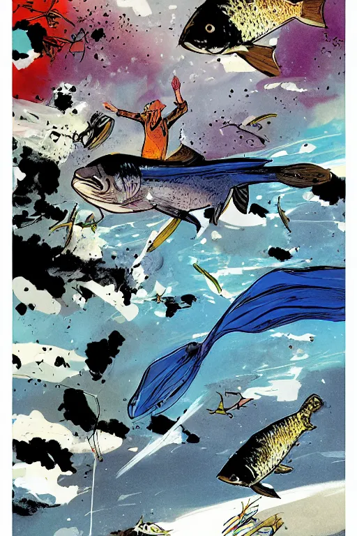 Prompt: fish flying through the sky, graphic novel, high contrast, by bill sienkiewicz