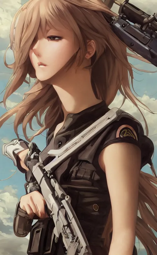 Image similar to soldier girl, trading card front, anime style, long hair, hair down, symmetrical facial features, symmetrical body features, from girls frontline, hyper realistic, pale skin, 4k, rule of thirds, extreme detail, detailed drawing, trending artstation, hd, fantasy, D&D, realistic lighting, by Alphonse Mucha, Greg Rutkowski, sharp focus, backlit, soldier clothing