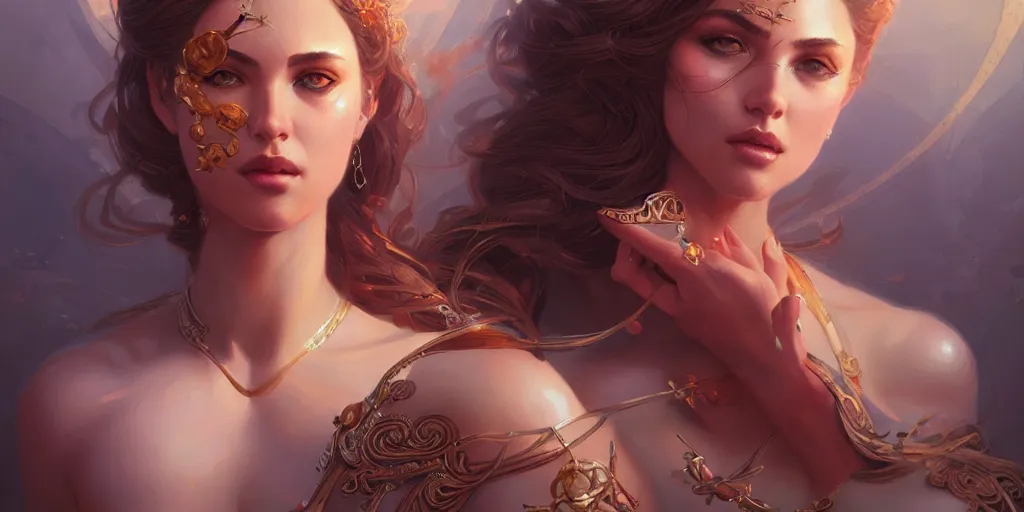 Image similar to portrait of a seductive and powerful aphrodite, detailed intricate illustration, detailed illustration, hd, 4 k, digital art, overdetailed art, by greg rutkowski, by loish, complementing colors, trending on artstation, deviantart
