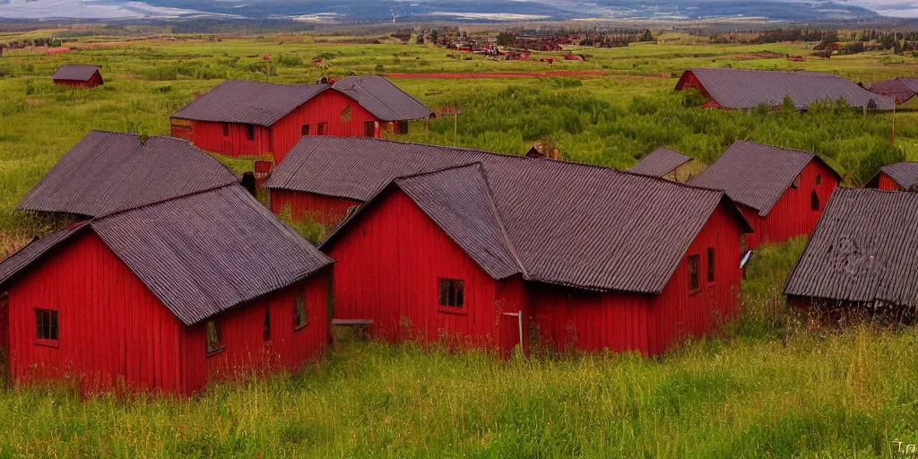 Image similar to a dramatic lighting view of dalarna, sweden, red and brown wooden cottages seen on a field, in the style of anders zorn