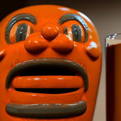 Image similar to a closeup photorealistic photograph of an orange garfield style tiki mug at a trader vic's bar with garfield's face on the front. tiki party. bright scene. fine detail. this 4 k hd image is trending on artstation, featured on behance, well - rendered, extra crisp, features intricate detail, epic composition and the style of unreal engine.