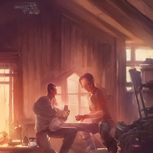 Image similar to two husbands leave each other inside a big wooden broken house by Stanley Artgerm Lau, WLOP, Rossdraws, James Jean, Andrei Riabovitchev, Marc Simonetti, Yoshitaka Amano, ArtStation, CGSociety, highly detaild 4K, cinematic style, studio light