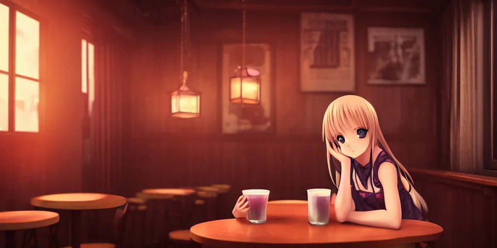 Prompt: anime girl sitting and drinking in a cozy bar, 0, volumetric lighting, symmetrical face, detailed face, hyper real, pencil art, moody lighting, cute, comfy