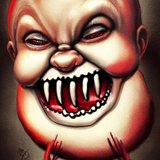 Prompt: surrealism grunge cartoon portrait sketch of chucky with a wide smile and a red balloon, by michael karcz, loony toons style, freddy krueger style, horror theme, detailed, elegant, intricate