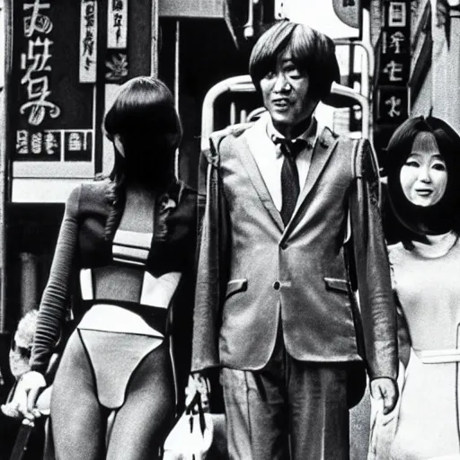 Prompt: 1 9 7 0 s japanese tv show, body - horror, bw, mechanical inhuman monsters walking the streets of shinjuku,