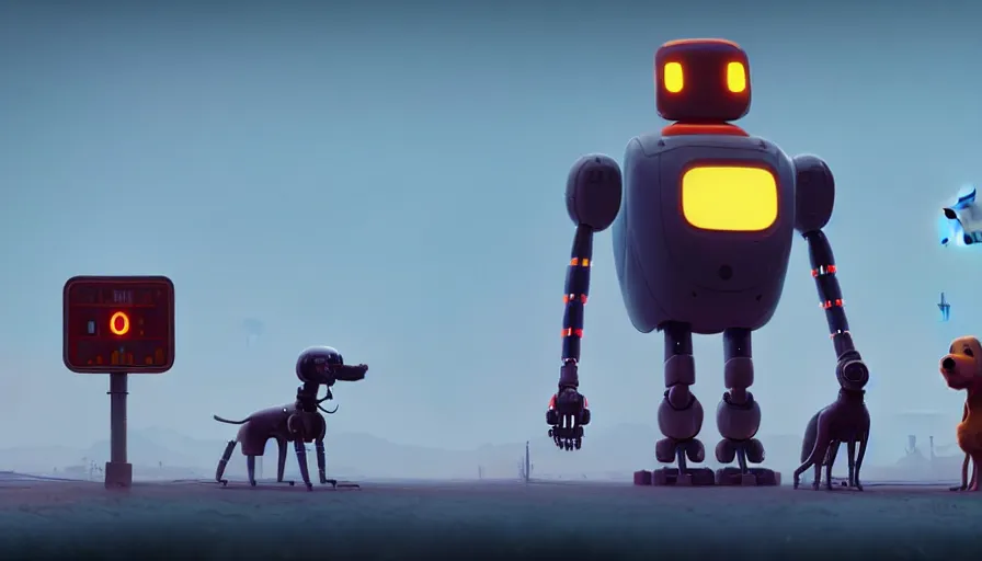 Image similar to tall cute robot with his best dog friend, by Simon Stalenhag, unreal engine, octane render, 8k, rule of thirds