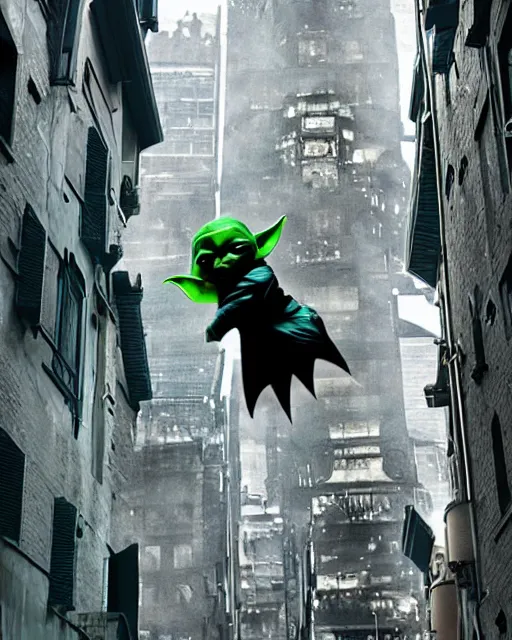 Image similar to epic action still of baby yoda wearing batman outfit as batman hanging upside - down from building in atmospheric alleyway in the style of batman the dark knight rises, 8 k backlit